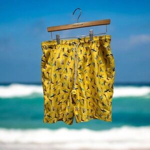 Lands' End Yellow Surfboard Print Swim Trunks size large